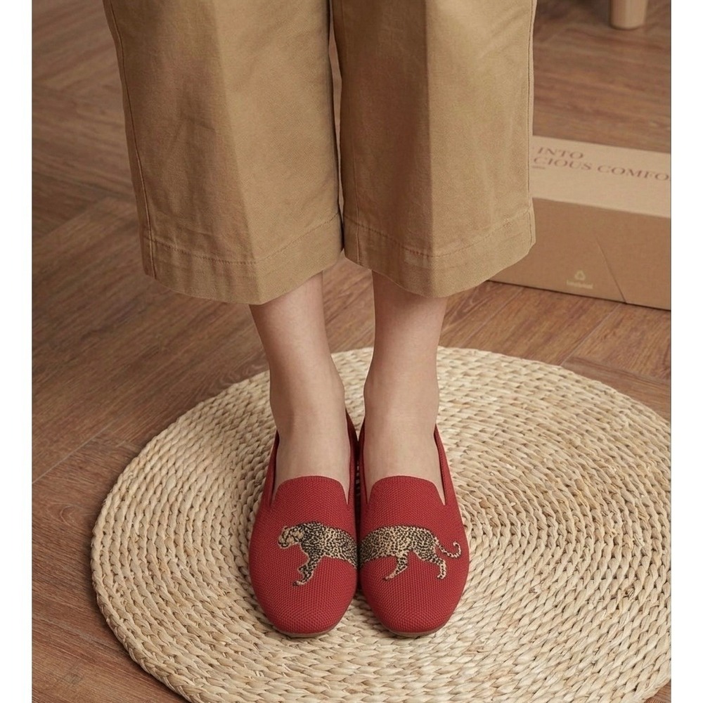 VIVAIA Red Leopard Embroidered Knit Loafers Luxury Comfort Flats EU/41 US/9.5